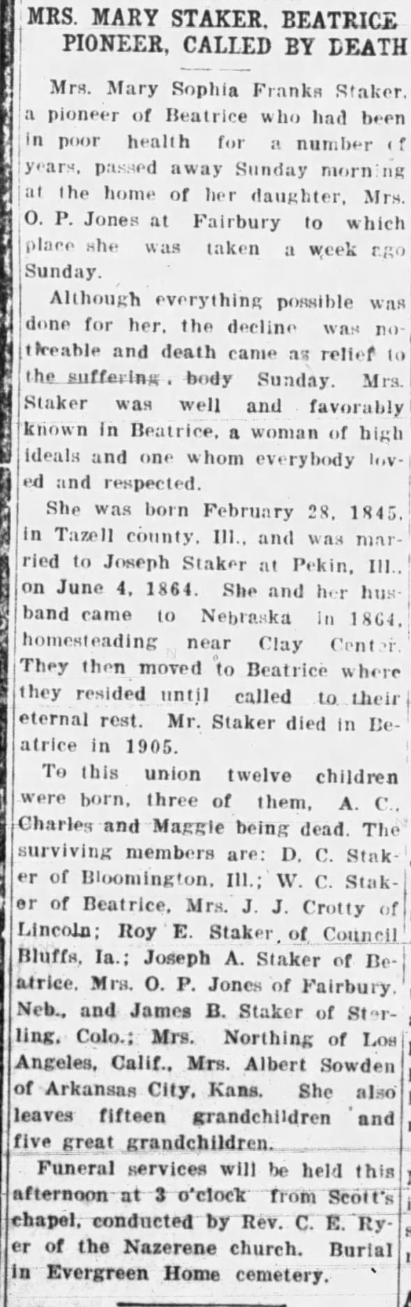 Obituary for Mary Sophia Franks STAKER